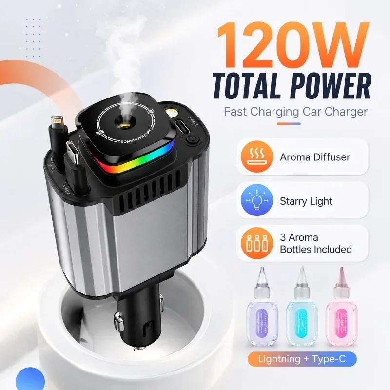 120W Multifunction Car Charger with Dual Retractable Cables Type C Lightning Aroma Diffuser Starry Light 3 Device Charging