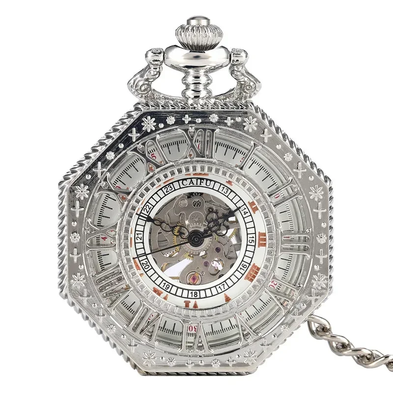 Silver Hollow Octagon Men Women Hand-winding Mechanical Pocket Watch Skeleton Clock Roman Number Dial Pendant Chain Reloj