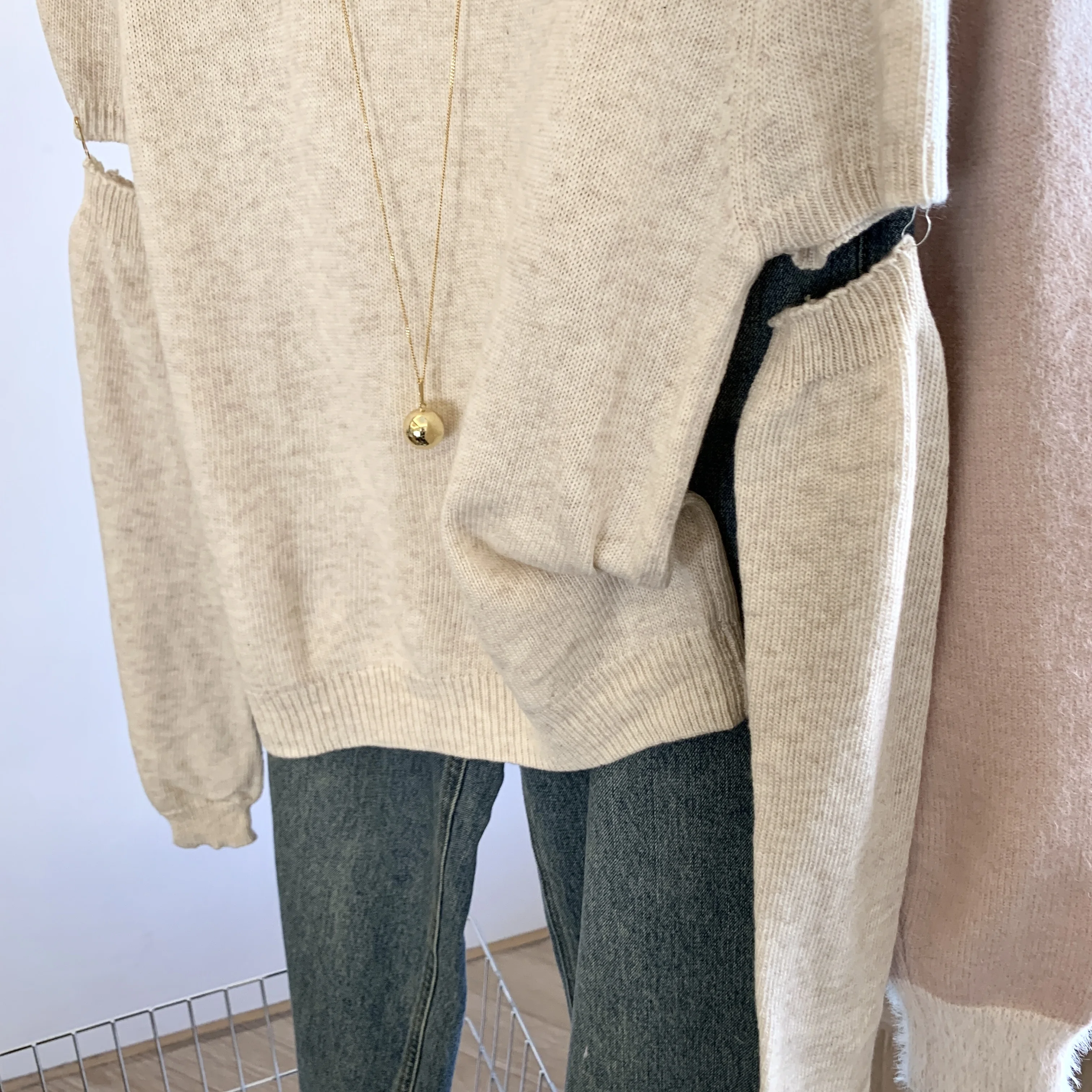 Maglione da donna con fiocco color albicocca, perline per unghie, industria pesante, moda chic, coreano Y2k, girocollo, autunno e inverno, lavorato a maglia anni '90