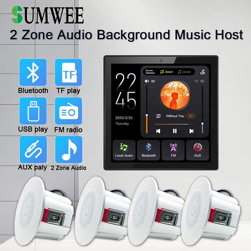 Multiple Languages Touch Screen Audio System 2 Zone Volume Sound Power In Wall Amplifiers Bluetooths Music Ceiling Speaker Panel