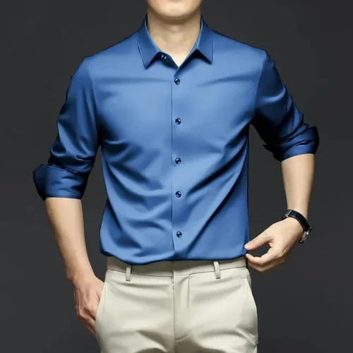 Imagen 2 del producto Camisas de vestir sociales de lujo para hombres, camisas suaves y lisas, resistentes a las arrugas, sin hierro, Color sólido, informal, mancha de seda de hielo, boda, primavera y otoño