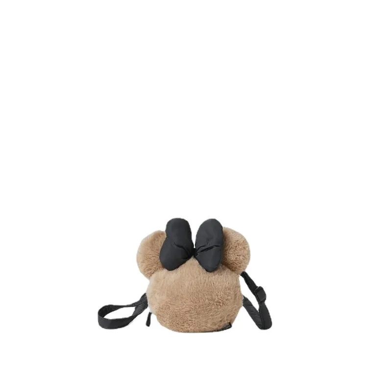 Disney Winter New Minnie Khaki Plush Shoulder Bag Bow Mini Mini Children Toddler Soft Crossbody Bag Girls Cute Small Bag