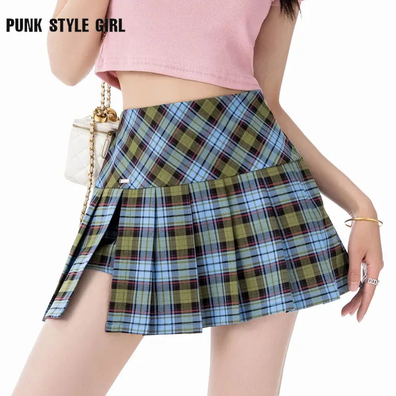 

Women Y2K Summer Chic Jk Plaid Skirts Korean Sexy All-Match Slit Mini Skirts Female High Waist Zipper Fairycore Pleated Skirts