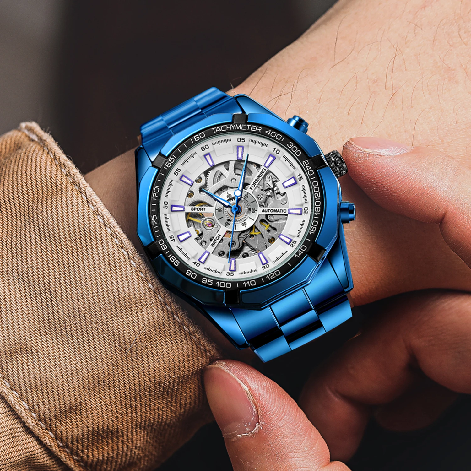 

Forsining Blue Sport Men Watch Top Brand Luxury Automatic Mechanical Stainless Fashion Skeleton Waterproof Business Wristwatches