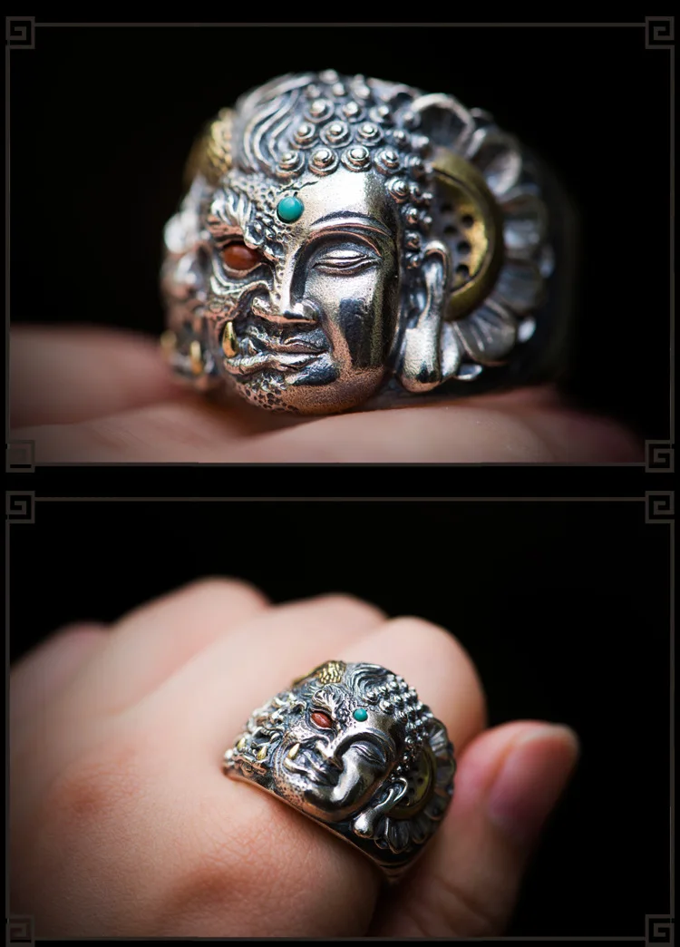 Half-Devil Half-Buddha Thai Silver Ring Personalized Vintage Open Rings