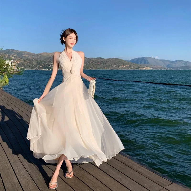 Abito Lungo da Cerimonia in Pizzo Floreale Bianco, Stile Dr. Vaion, Vita Alta, in Fibra di Poliestere, Ciwalk