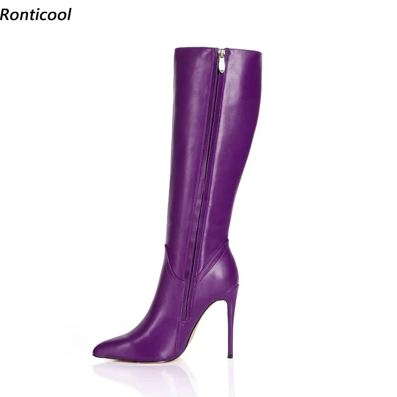 

Ronticool Handmade Women Winter Knee Boots Faux Leather Stiletto Heels Pointed Toe Purple Burgundy Party Shoes Plus US Size 5-15