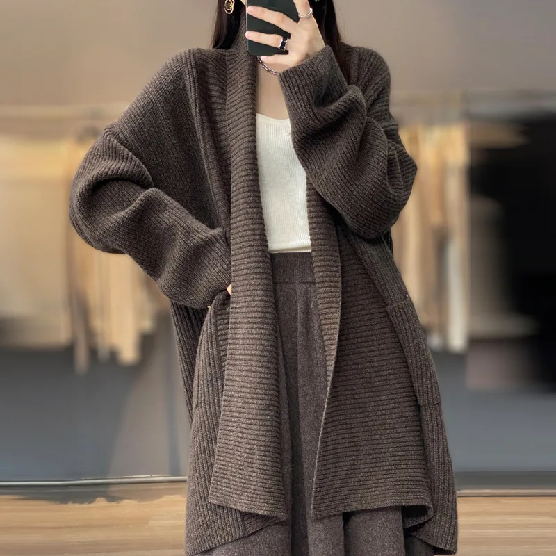 

Women's Medium Length Woolen Cardigan with Pockets Knitted Pure wool knited Sweater Lapel Thickened Lazy Autumn Winter New