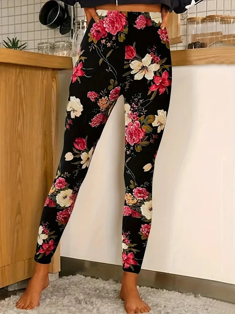 Floral Print Skinny Leggings, Casual Every Day Stretchy Leggings, Women's Clothing