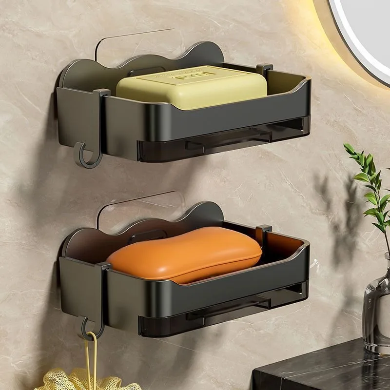 Caja de drenaje de jabón para montar en la pared, ABS, sin perforaciones, soporte de jabón para baño doméstico, simple con gancho, sin acumulación de agua.