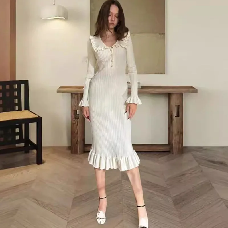 Elegant Sweet Autumn Women Knitted Corset Ruffle Dress Office Lady Celebrity Vintage Y2K Lapel Ribbed Button Slim Bodycon Dress