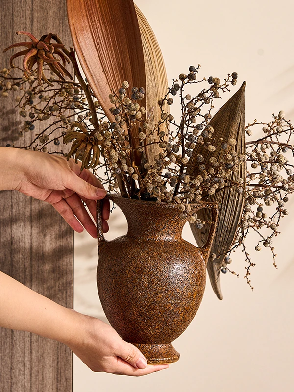 

Retro Bamboo Double Ear Flower Pot Living Room Entrance TV Cabinet Decorative Pieces French Vintage Sle Home Decor Accories