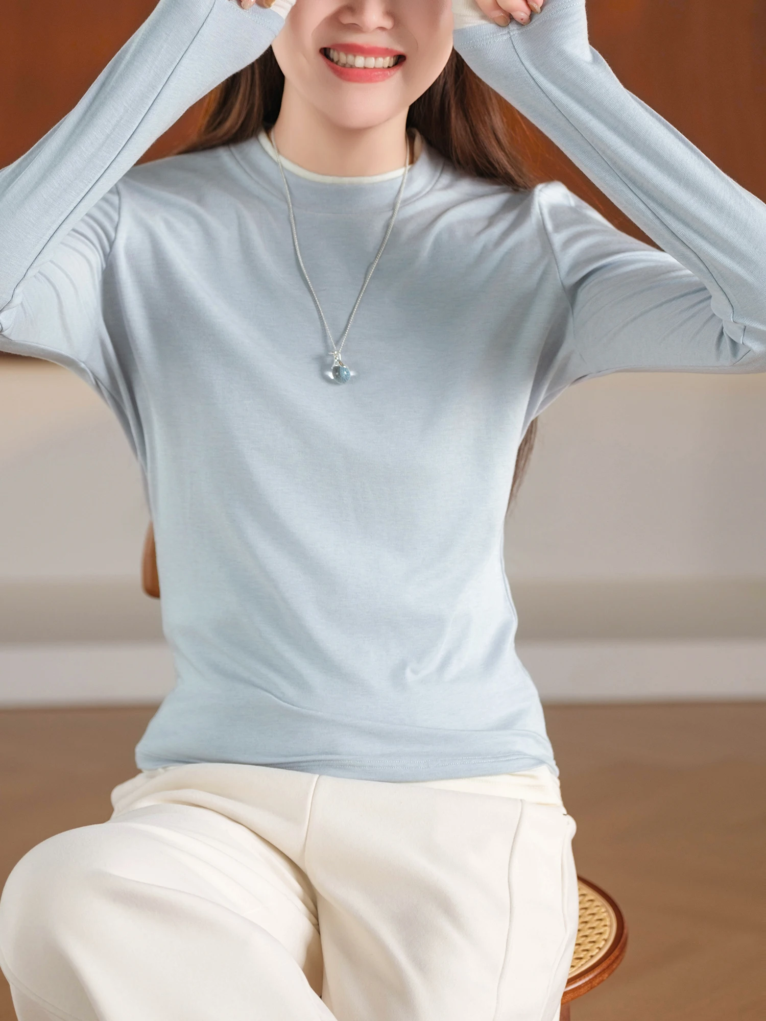 Elegant round Neck Base Shirt Women's Fashion Color Block Design Fine Yarn Lenzing Acetate Wool Blend Comfortable Long Sleeve...