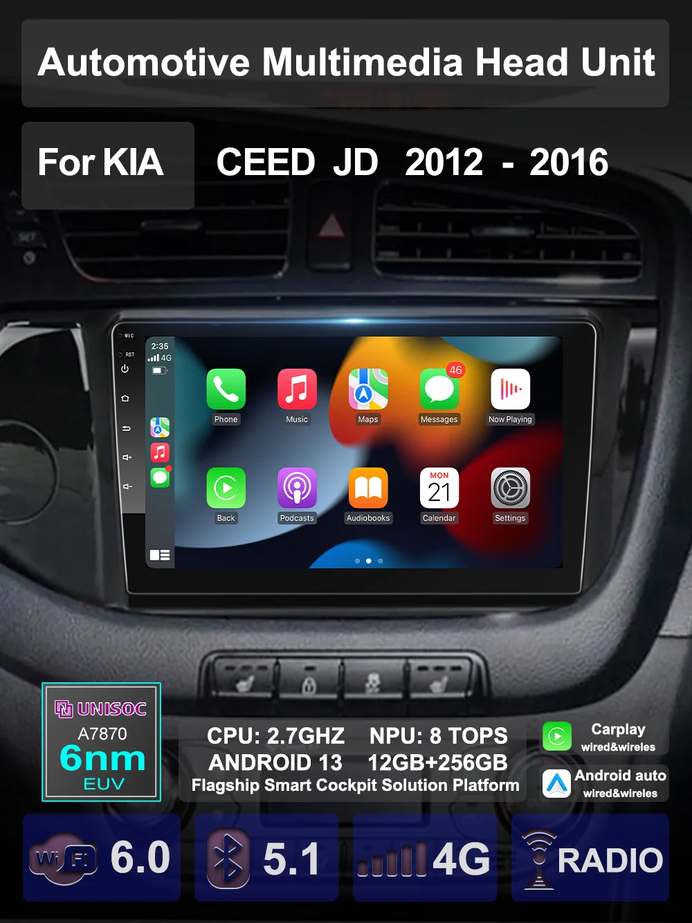 

For Kia CEED JD 2012 - 2016 Car Android 13 Multimedia Carplay Android Auto GPS AI Voice navigation stereo Radio Palyer Head Unit