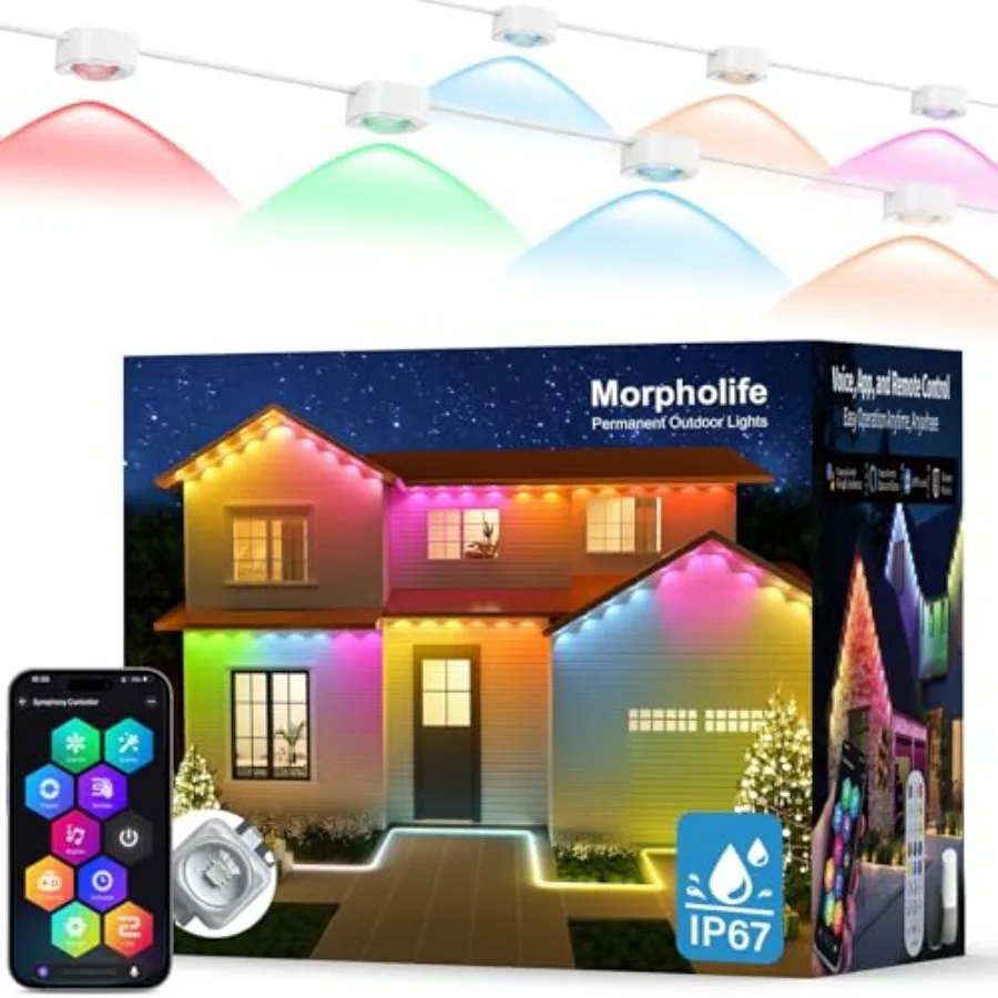 

Permanent Outdoor Lights - 100FT Smart AI RGB+IC LED with 72 Lights IP67 Waterproof 75+ Scene Modes Alexa/Google/Remote Control