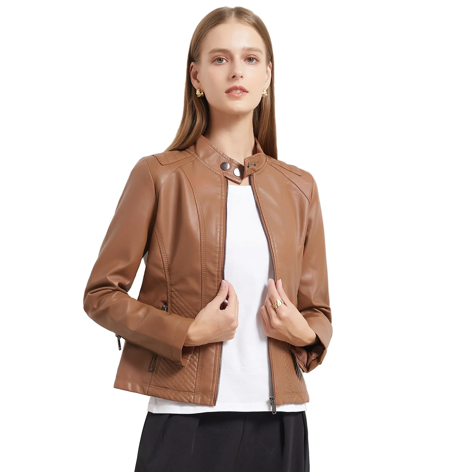Women's Punk Leather Coat with Standing Collar, , Motorcycle Jacket, Large,  uality, AutumnZipper leather jacket top