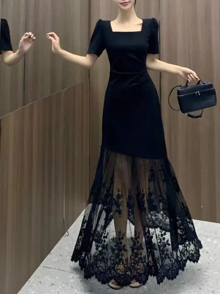 Sommer frauen Spitze Splice ort Sve Dr Quadratischen Kragen plus Größe Abnehmen Bla Lange Dr Hohe Taille A-Line Koreanische Sle