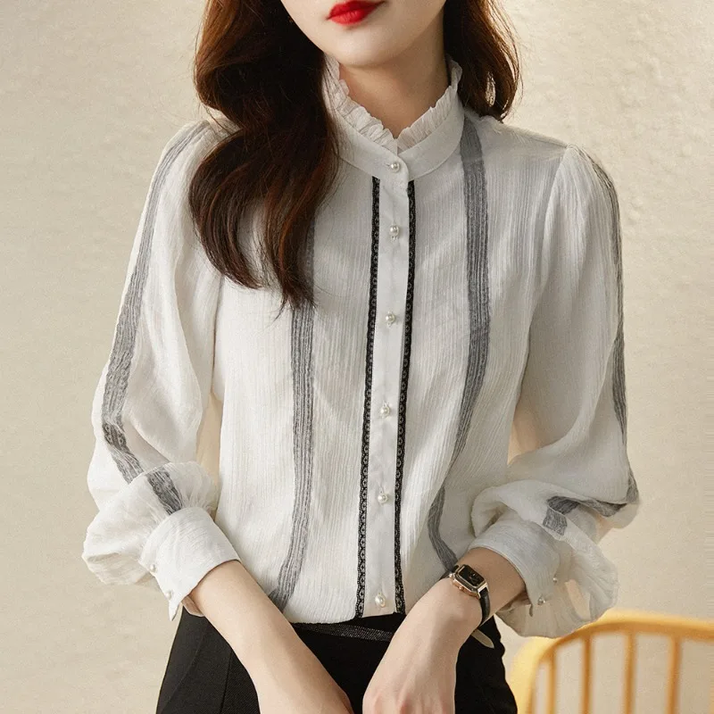 Autumn Clothes Standing Collar Patchwork Lace Button Blouse Gauze Single Breasted Fashion Casual Lantern Long Sleeve Women Shirt