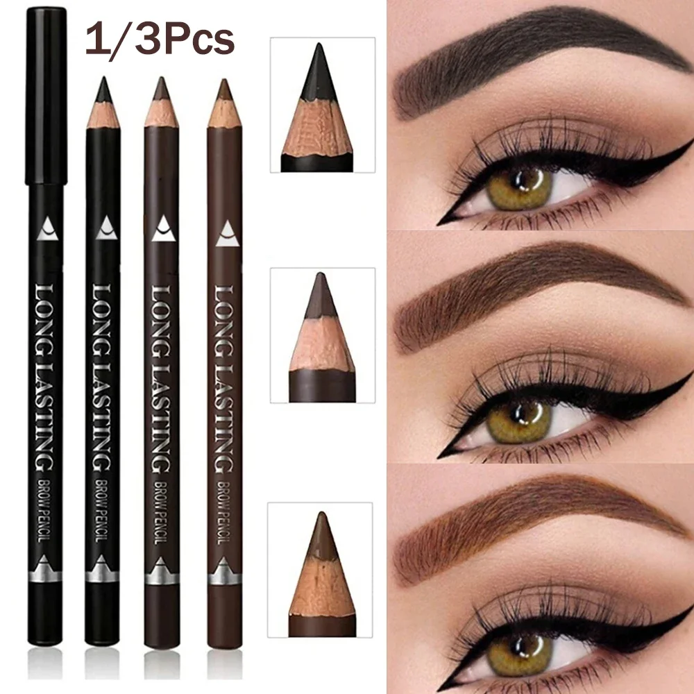 3-Color Long Lasting Black Brown Eyebrow&Eyeliner Pencil Waterproof Sweat Proof Halo Proof Wooden Pole Liner Cosmetic Pen 1/3Pc