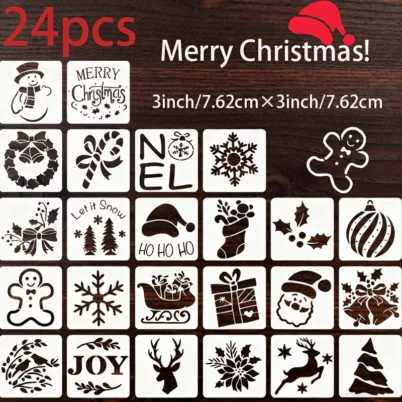 24PCS 3×3inch Christmas Painting Stencils Set Santa Snowflake Reindeer Letter Pattern Templates for DIY Craft Wall Canvas Decora