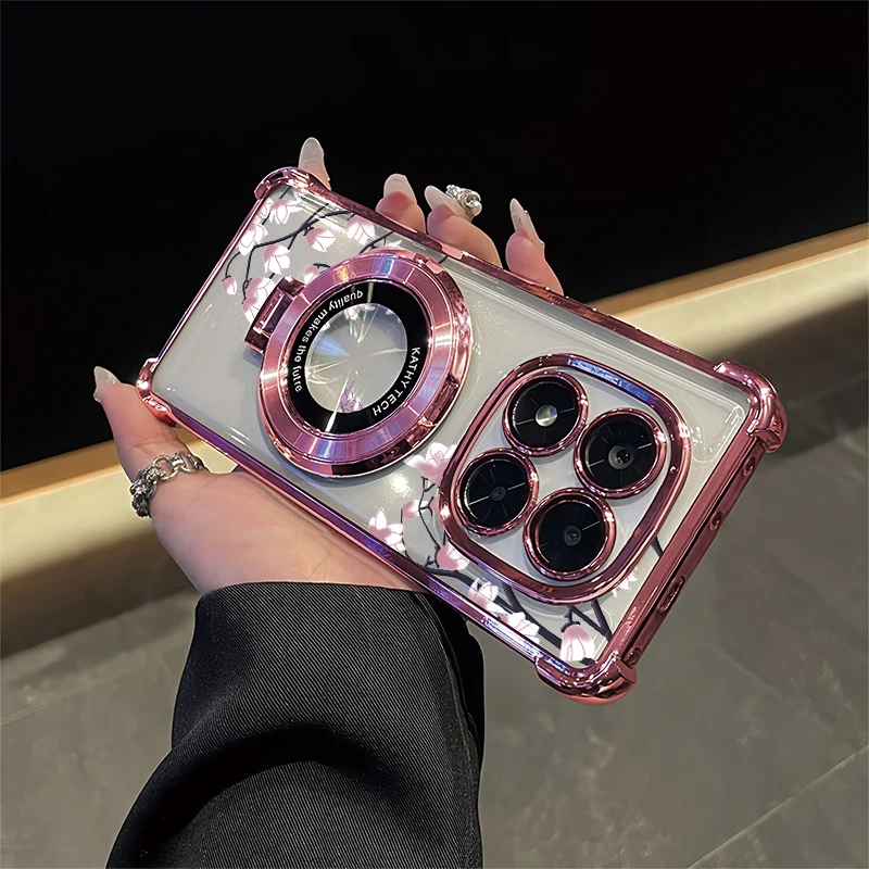 Holder Stand Plating Phone Case For OPPO Reamle 15 13 Pro Plus 16 Pro 15T 14 15 Fashion Flower Print Shockproof Clear Cover