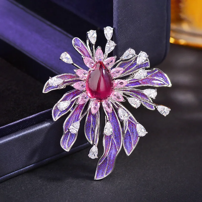 Chinese Style Elegant Enamel Flower Brooch Micro Paved Zircon Lucky Auspicious Pin For Women Dress Coat Wedding Party Daily Wear