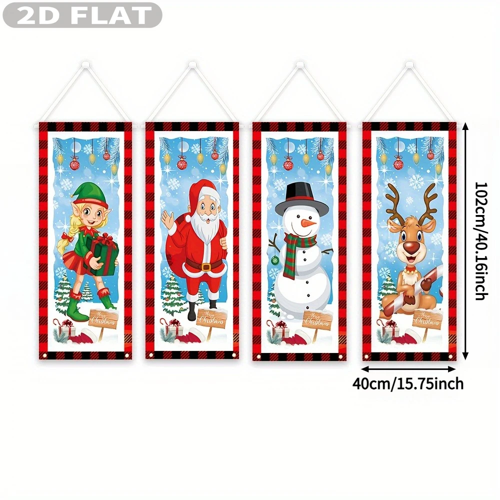 2D FLAT 4pcs Christmas Hanging Banners Set, 40x102cm Multipurpose Polyester Holiday Porch Hangings