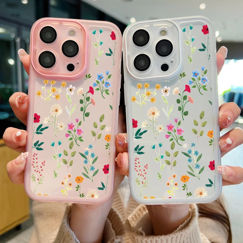 Small Vine Flower Case For iPhone 16 Pro Max 11 12 13 14 15 Pro Max Luxury Lens Protector Shockproof Clear Soft Silicone Cover