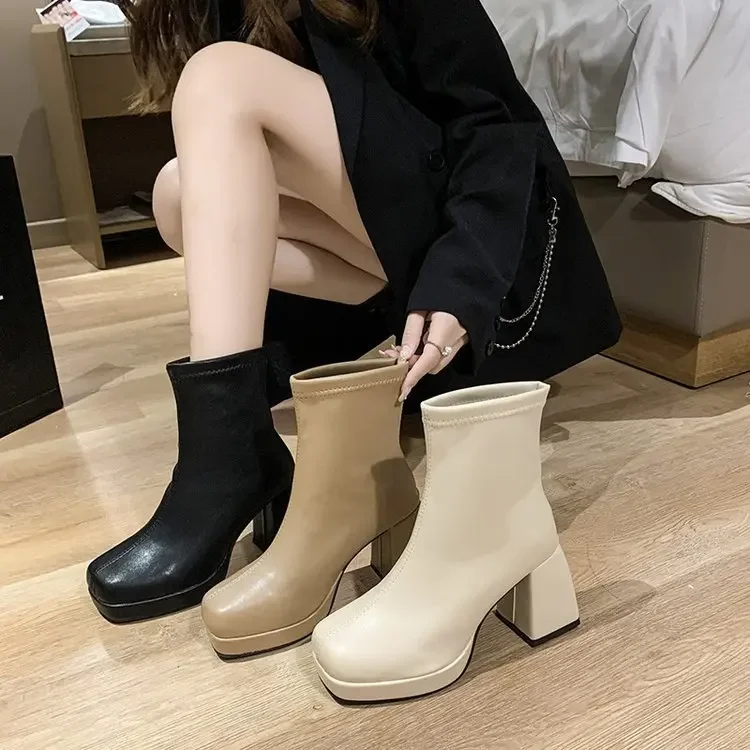 

High Heels Short Boots Women Fashion Shoes Autumn Winter Chunky Heels Waterproof Square Toe Plus Size Ankle Boots