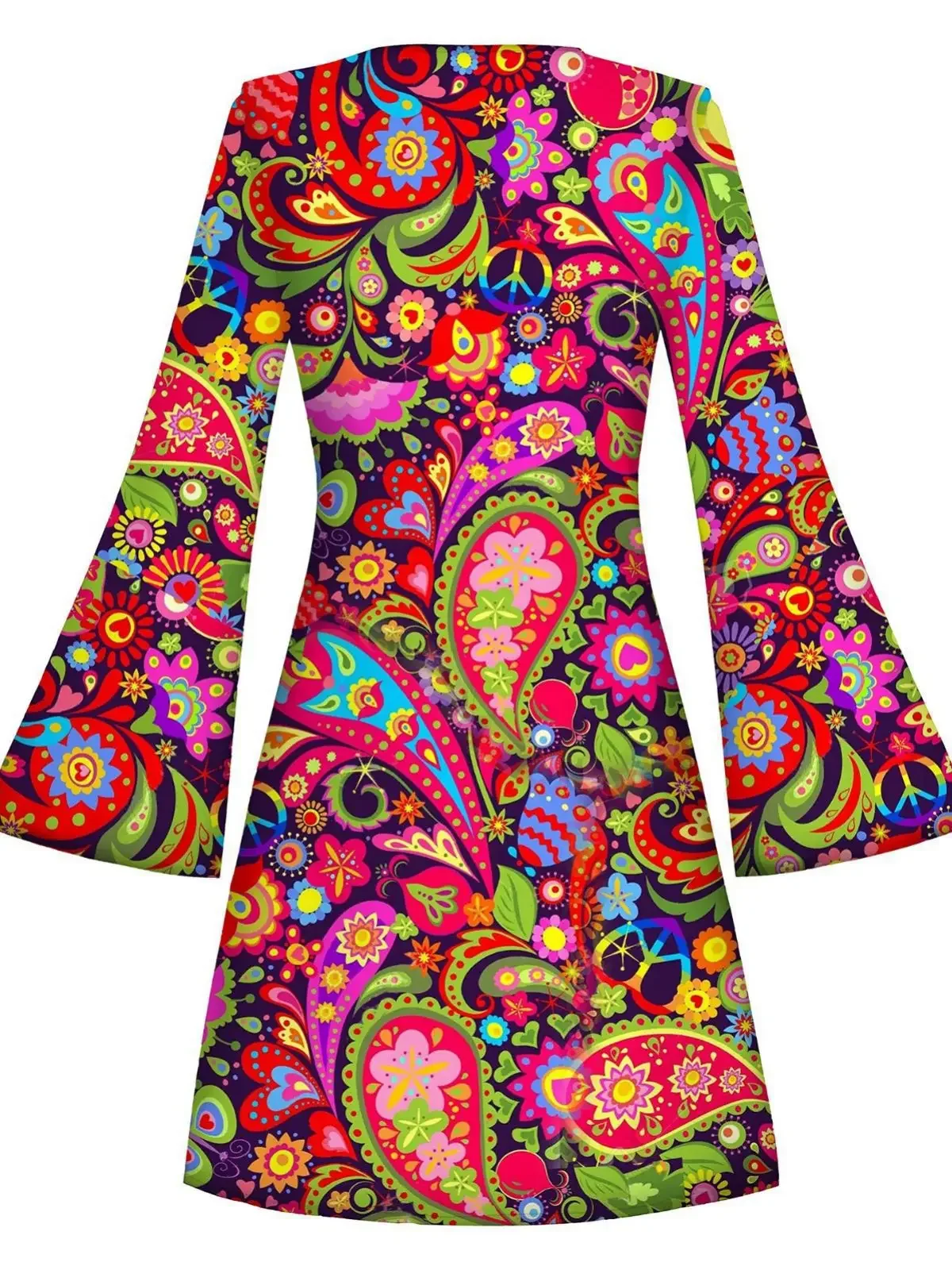 Halloween printed dress, hippie flared sleeves, V-neck dress