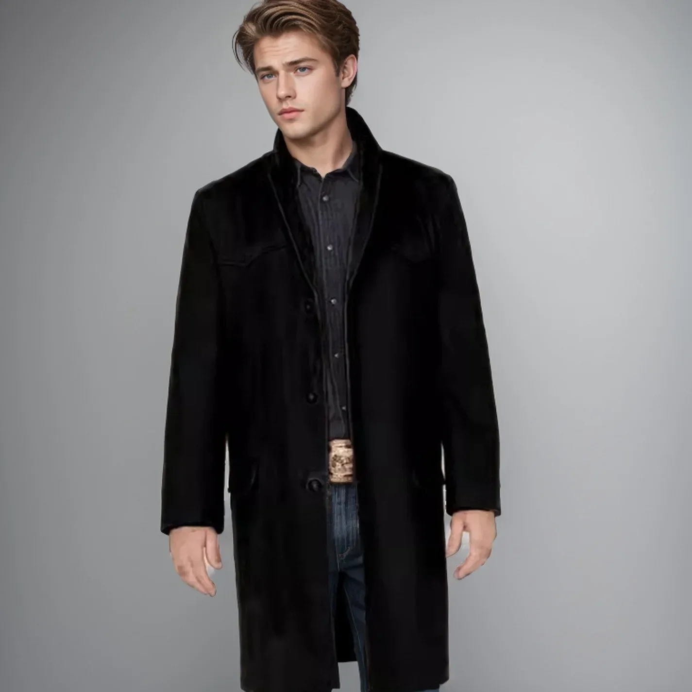 Men's Korean-style Fashionable Spliced Single-breasted Mid-long Business Overcoat of Woolen Coat in Autumn and Winter S-XXL