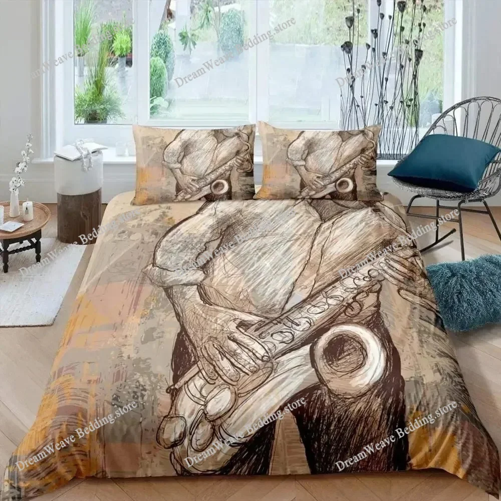 

Saxophone Duvet Cover Set Rotating Musical Notes Bedding Set Musical Instrument Retro Jazz Music Twin 3D Quilt Cover for Kids