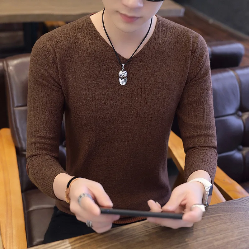 Camisola fina masculina primavera e outono nova camisa manga longa cor sólida moletom base camisa na moda topo