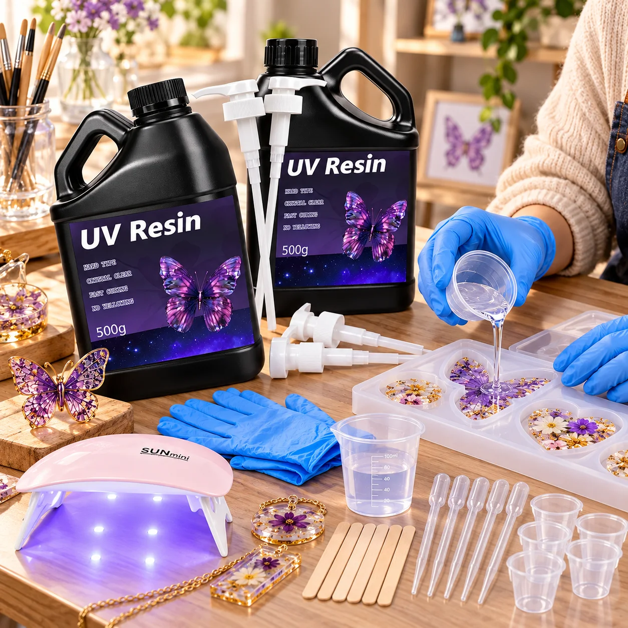 Crystal Clear&Low Odor,UV Light,Silicone Mat,Ultraviolet Epoxy Resin Hard,Starter Kit for Jewelry,Craft Decor,Keychain Making