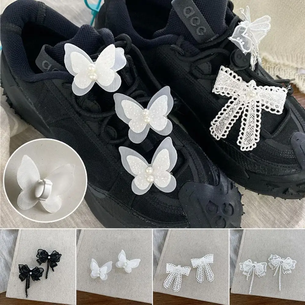 

1 Pair Shoe Buckles Black White Butterfly Shoes Charms Bowknot Pearl Pendant Shoelaces Clips Gift Fashion Shoes Decoration