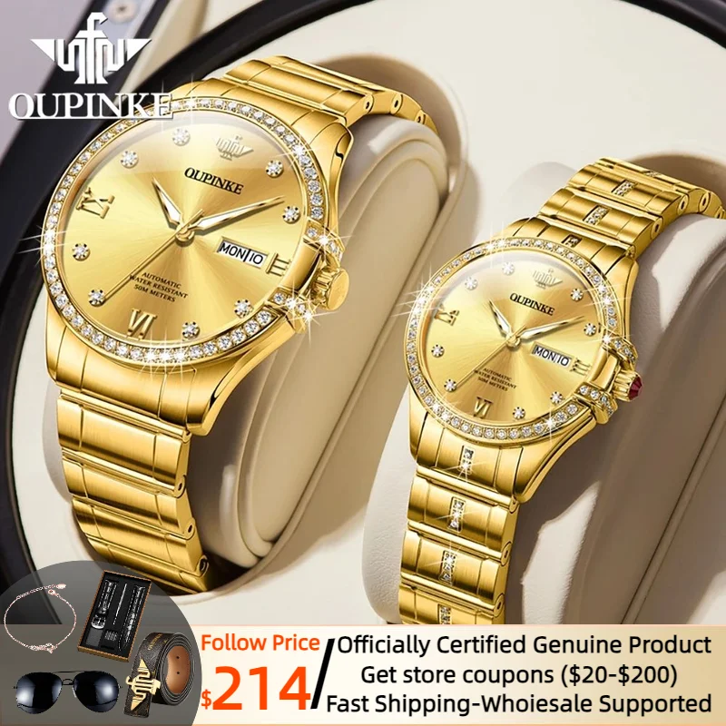 OUPINKE Luxury Brand coppia orologio da uomo e da donna di fascia alta elegante Diamond Dating Watch Sapphire Mirror coppia Gift Box Watch