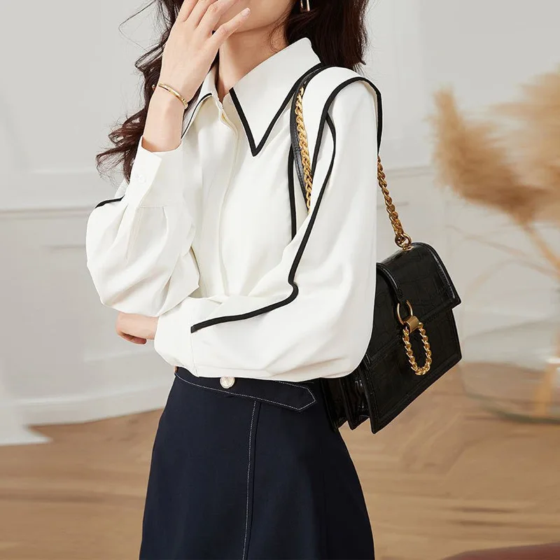 Spring Autumn New Contrast Long Sleeve Loose Shirt Tops Solid Loose All-match White Office Blouse Fashion Vintage Women Clothing