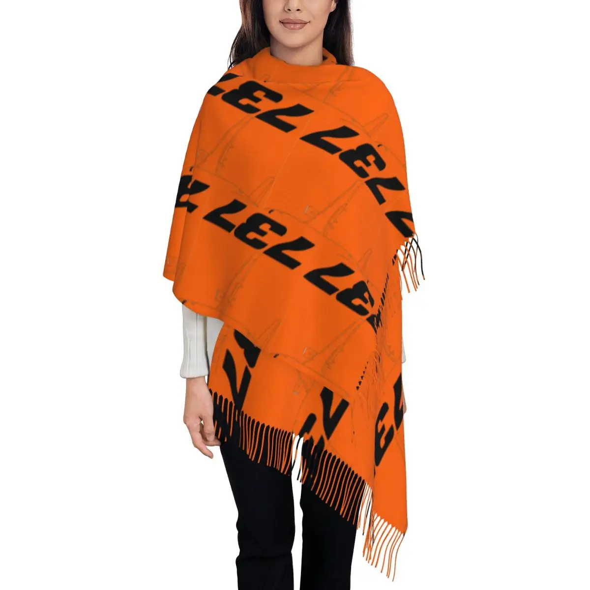 Boeing 737 Black Silhouette Top View Classic Scarf Tassel Scarves for Women Soft Warm Shawls and Wraps Fall Winter Shawl Wrap