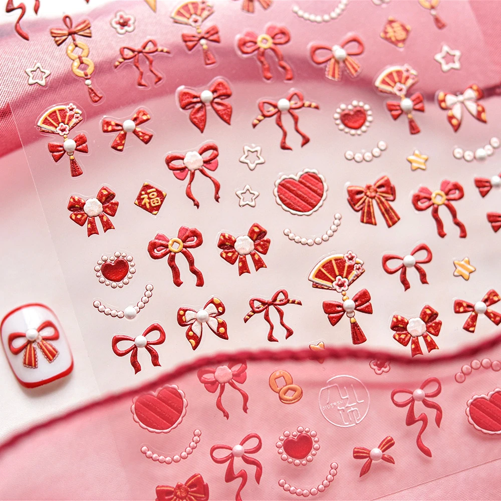 Red Pearl Fan Star Bowknot Lines Love Heart Fu Character Coin Flower Festive Adhesive Nail Art Sticker Rhinestone Manicure Decal