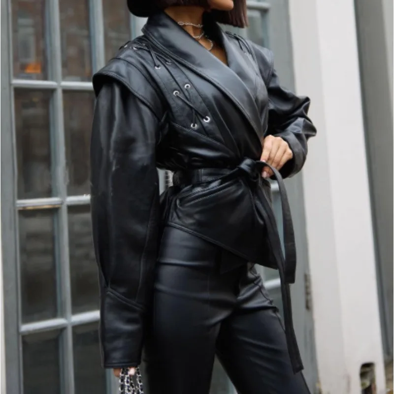 Winter Retro Lace-up Faux Leather Jacket Women' Casual Fashion Lapel Shawl Pu Coat Exquisite Simple Versatile Personality Casual