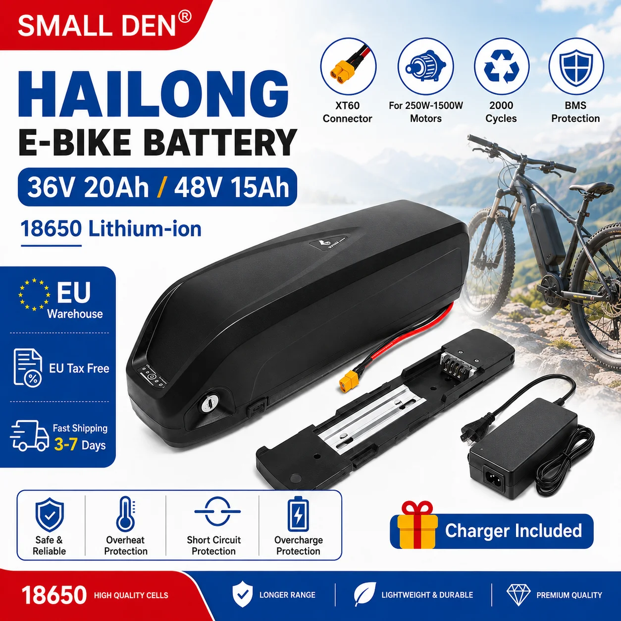 Batterie au lithium Hailong 36V 20Ah 48V 15Ah pour scooter rechargeable, VTT, accessoires d'outils électriques DIY, kit de conversion (stock UE)