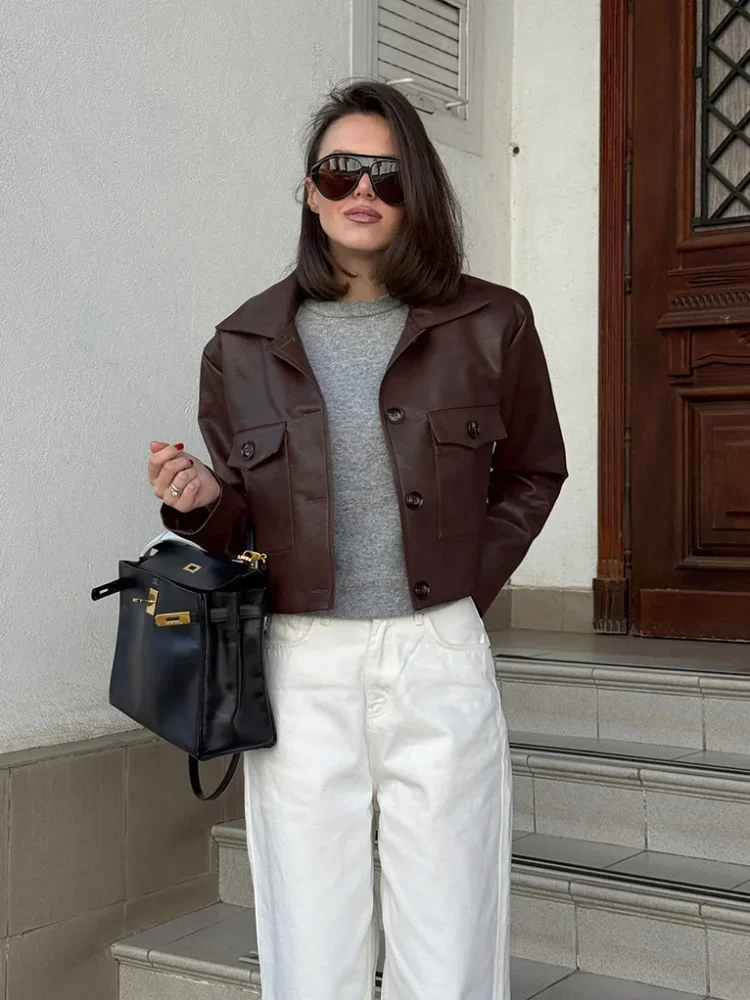 Single Breasted Cropped Brown Leather Jacket Women Casual Full Sleeve Lapel Pocket Short Coat Autumn Lady Commuting Streetwear
