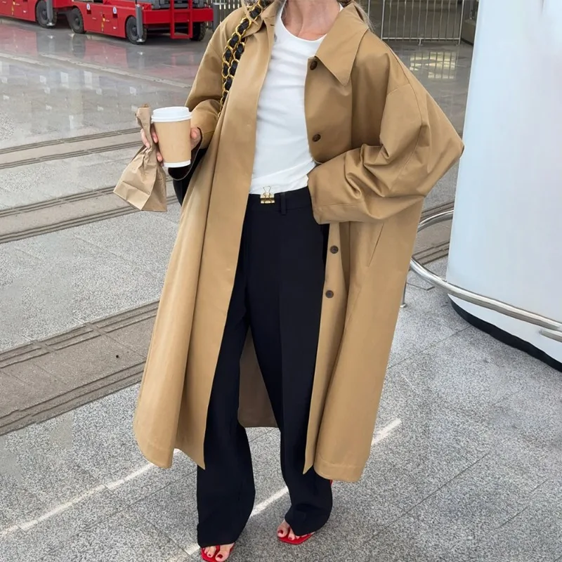 Tuularose Women's Long Trench Coat Jackets Fashion Simple Casual Loose Solid Long Jackets Autumn Office New Female Outwear 2025