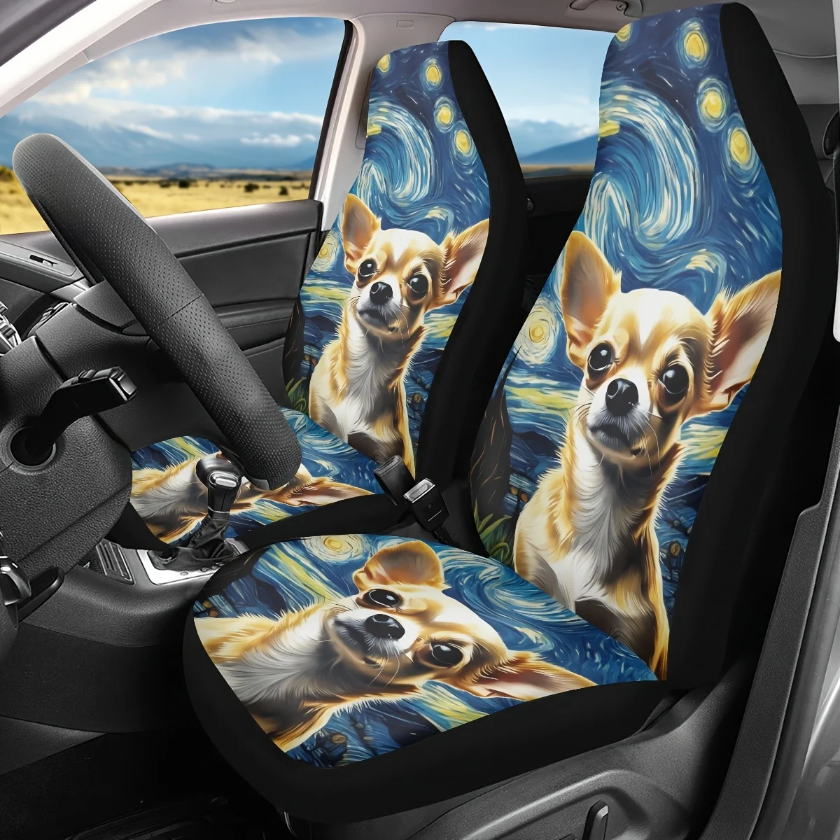 

[2 шт. Чехлы на автомобильные сиденья Chihuahua] 2 шт. Элегантные чехлы на автомобильные сиденья Chihuahua Starry Night с принтом | Универсальные автомобильные передние сиденья Protecto