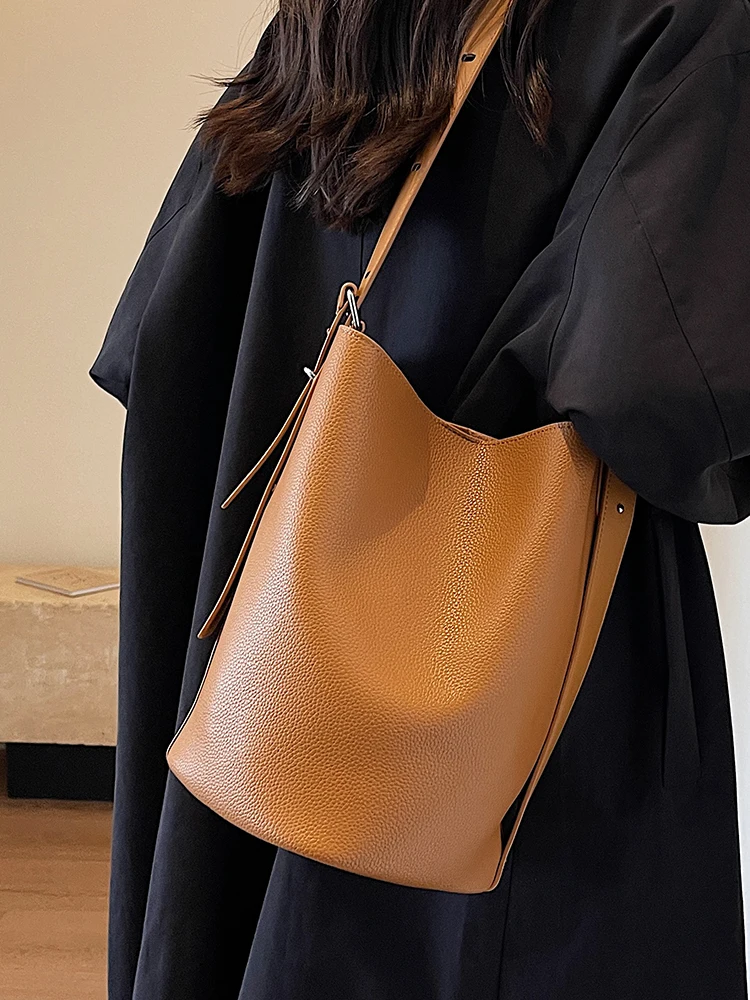 Fashion Large Capacity Women Bucket Bags 2023 New Chic Design Single Shoulder Bag Textured Pu Leather Female Crossbody Bag