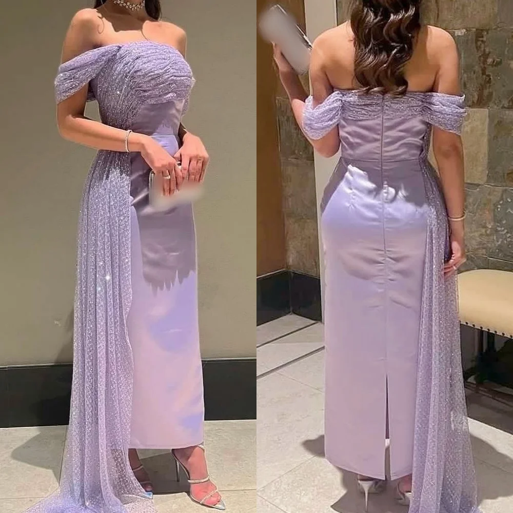 Vestidos Midi rectos con hombros descubiertos y pliegues de Charmeuse personalizados, vestido de noche para ocasiones a medida, elegante vestido de fiesta con purpurina