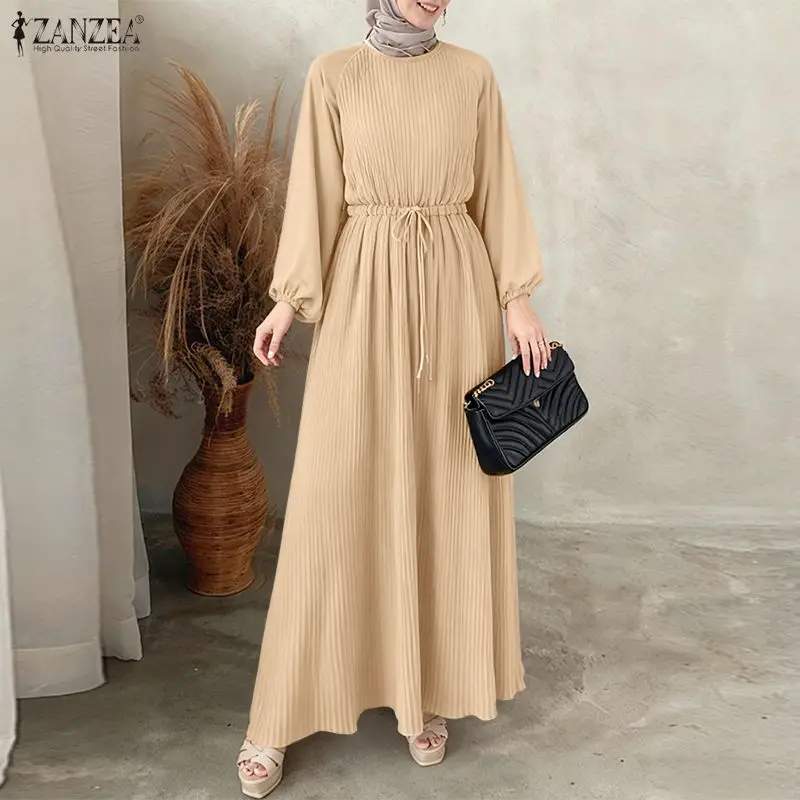 

2026 ZANZEA Women Elegant Long Sleeve Pleated Sundress Muslim Hijab Dress Abaya Patchwork Work Maxi Dresses IsIamic Robe Ramadan