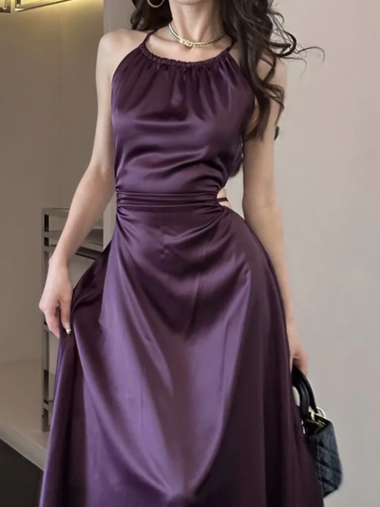 Imagem -05 - Vestido Vintage Cetim Midi para Mulheres Francês Oco Elegante Fino Casual Roupa Feminina Moda de Baile Novo Verão 2023