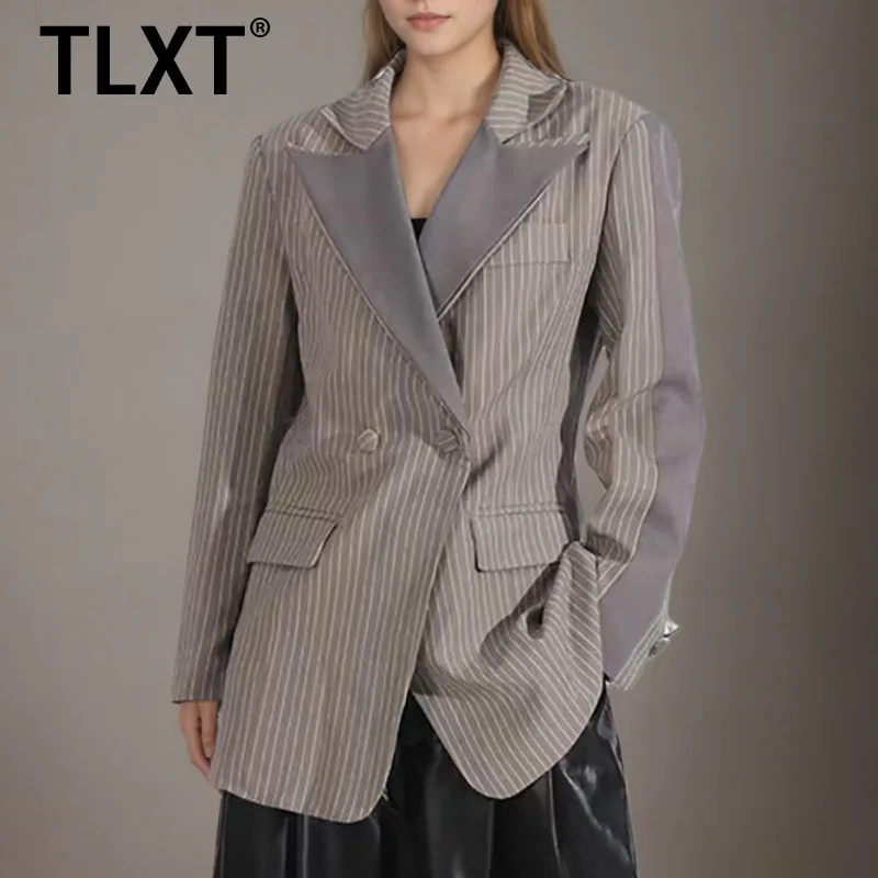 

TLXT Fashion Women's Contrast Color Patchwork Striped Blazer Lapel Double Breasted Suit Jacket female 2025 Autumn New XK1511