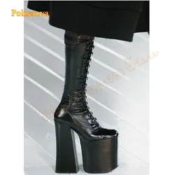 High Water Platform Leather Boots for Women,Flat Toe Block Heel Mid Calf Boots Lace Up Stripper Boot2024 New Zapatos Para Mujere